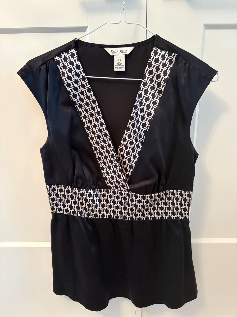 White House Black Market Silk Black Blouse with White Chain-Link Trim